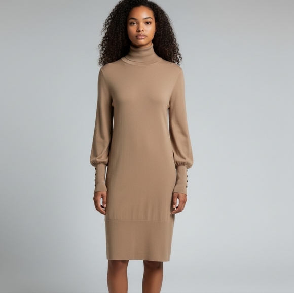 Melanie Lyne Dresses & Skirts - Melanie Lyne Camel Turtleneck Sweater Knit Dress  Gold Button Cuff Size Small